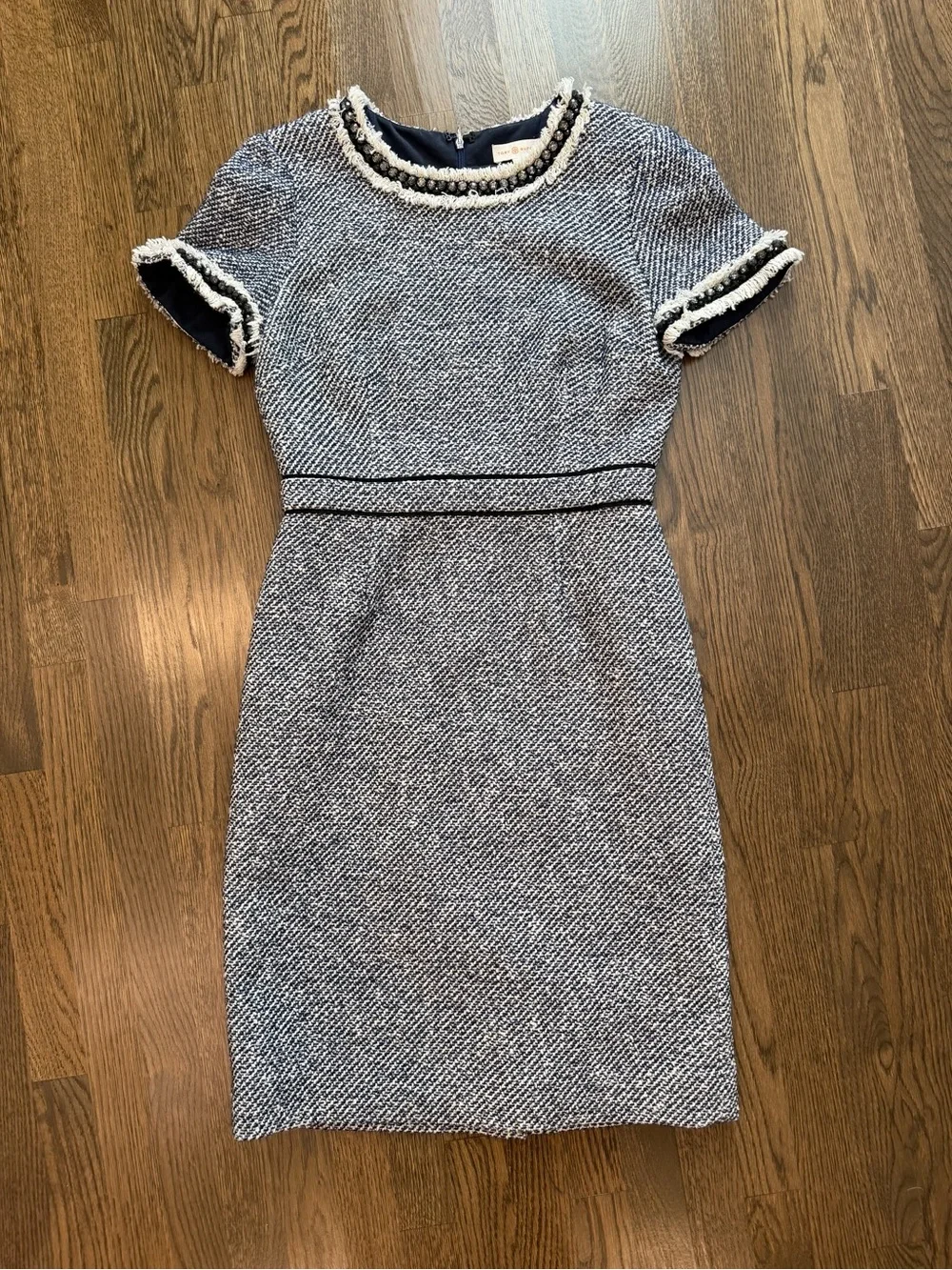 Tory Burch Navy and White Tweed Short-Sleeve Sheath Dress